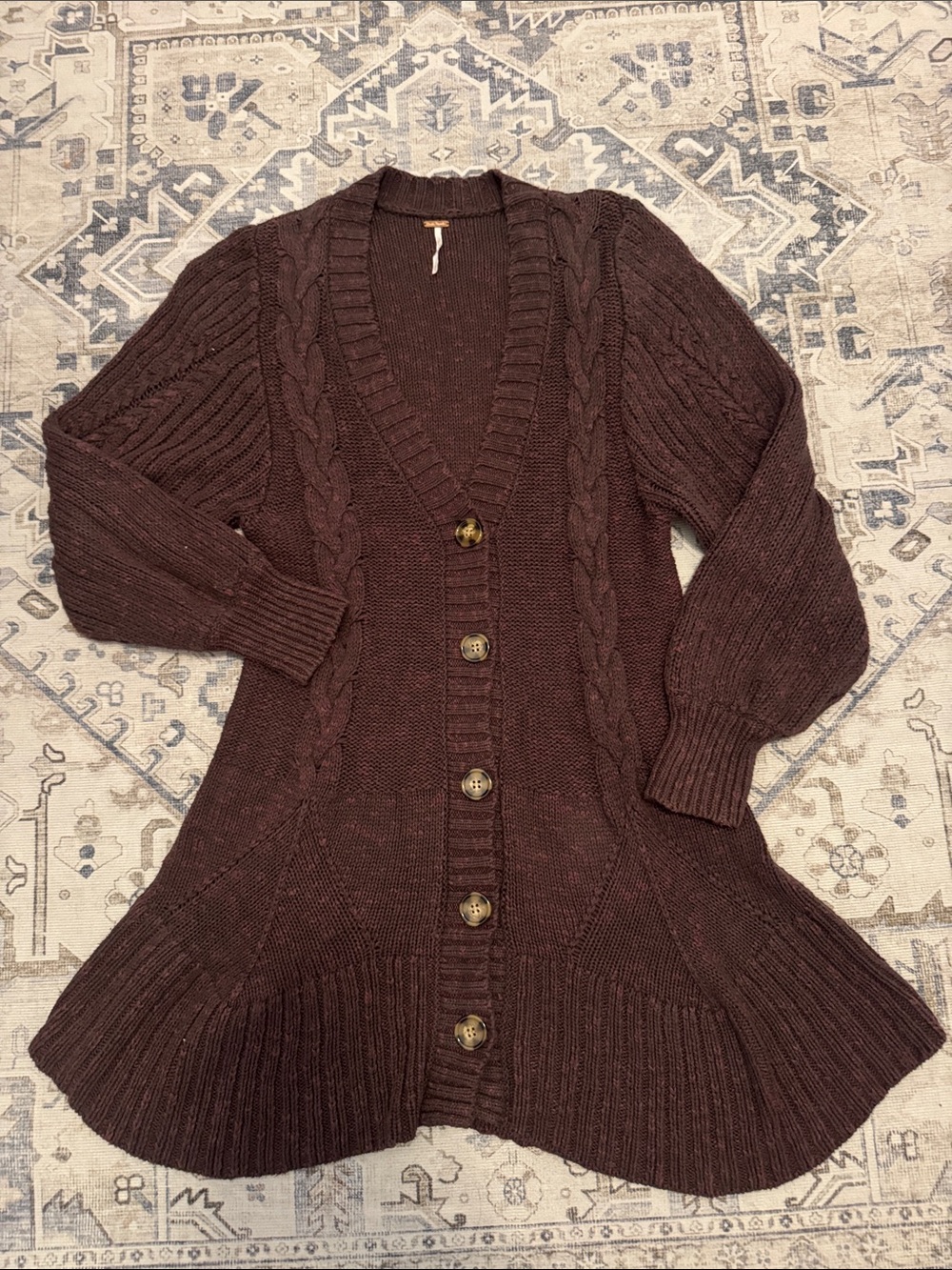 Free People Medium Brown Cable Knit Peplum Button Front Cardigan